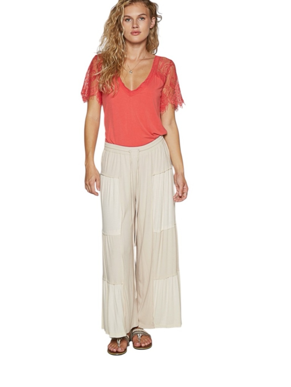Pol- Wide Leg Patchwork Knit Pants - Cream - Picture 2 of 3